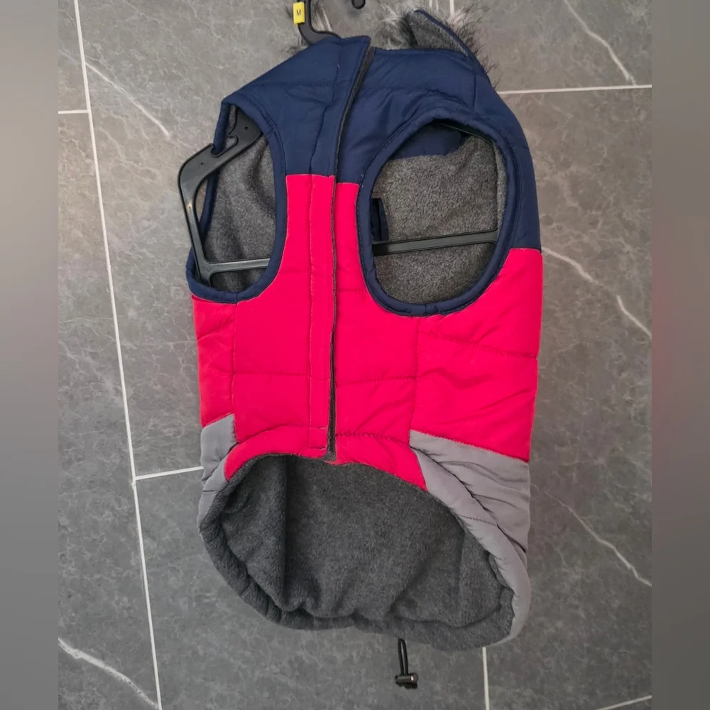 NWOT Nautica Pet Winter Puffer Jacket Removable Faux Fur Hood Blue Red Gray M